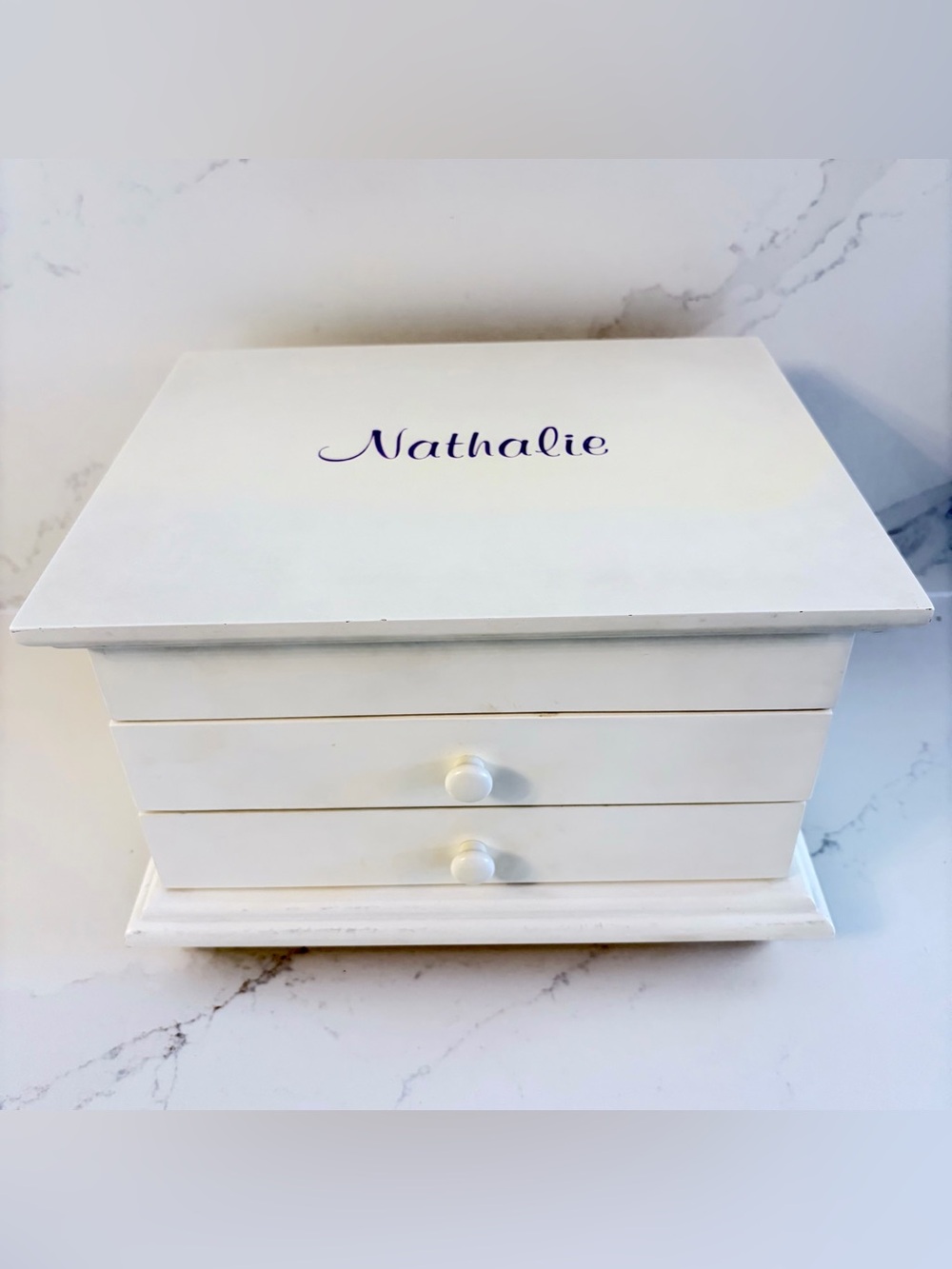 Vintage Pottery Barn Kids/Teen white and lavender wooden jewelry box with mirror